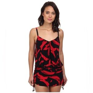 Magicsuit Red and Black Ruched Underwire One Piece Swimsuit Dress Size 12